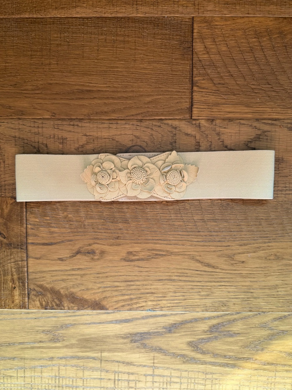Womens Beige Wide Elastic Stretch Belt Flower Coquette Cottagecore Fairy Country